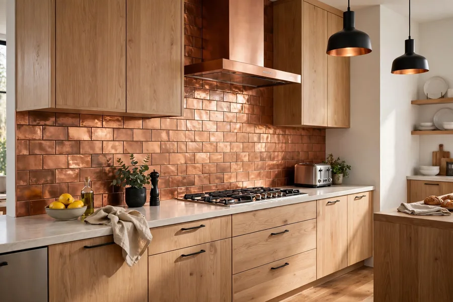 Warm copper backsplash — modern kitchen backsplash ideas