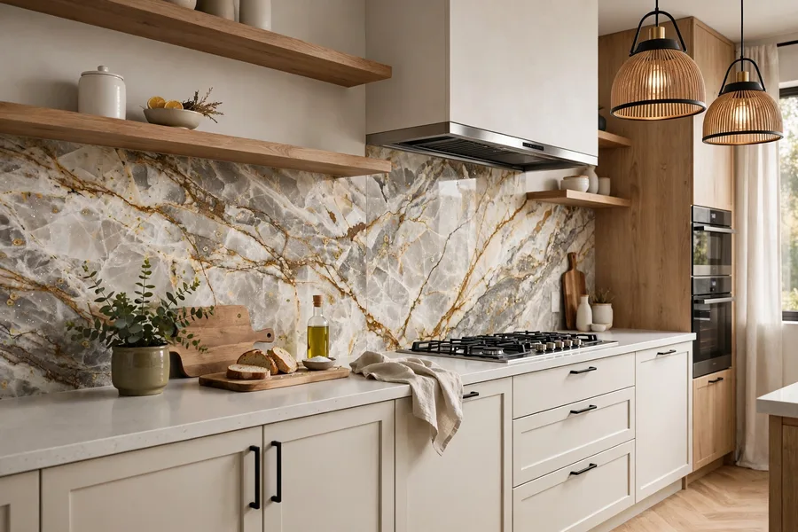 Quartzite stone backsplash with bold veining — modern kitchen backsplash ideas