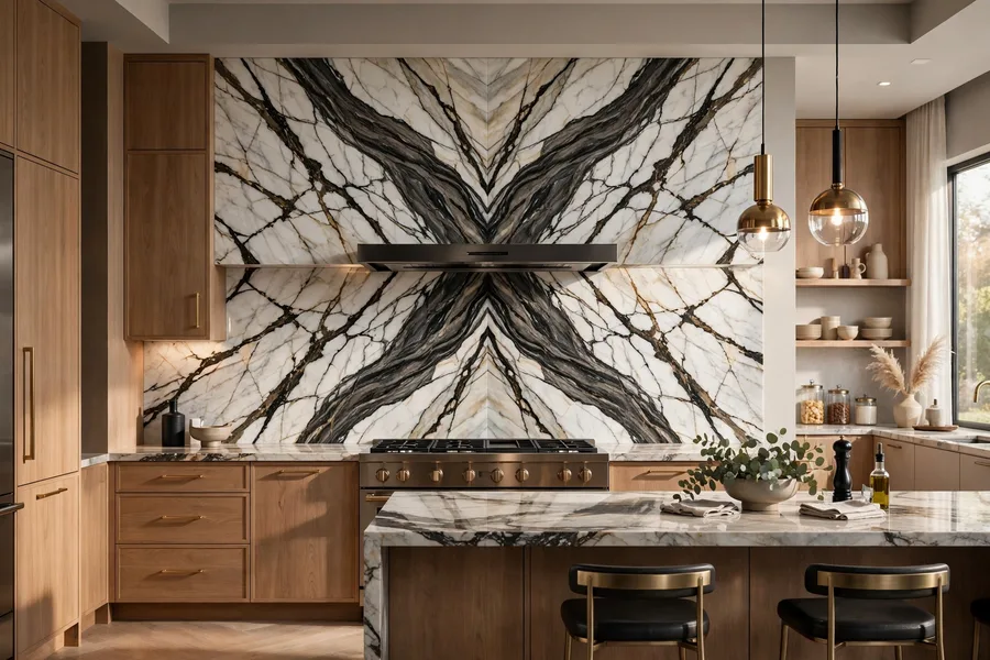 Bookmatched stone slab backsplash — modern kitchen backsplash ideas