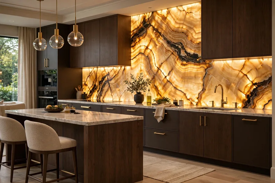 Backlit onyx backsplash glowing at night — modern kitchen backsplash ideas