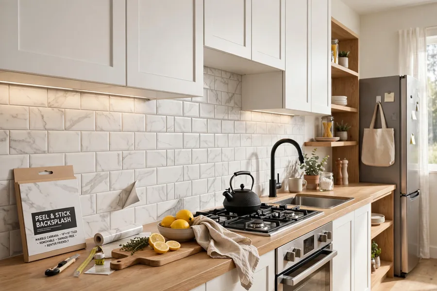 Peel-and-stick tile backsplash for renters — modern kitchen backsplash ideas