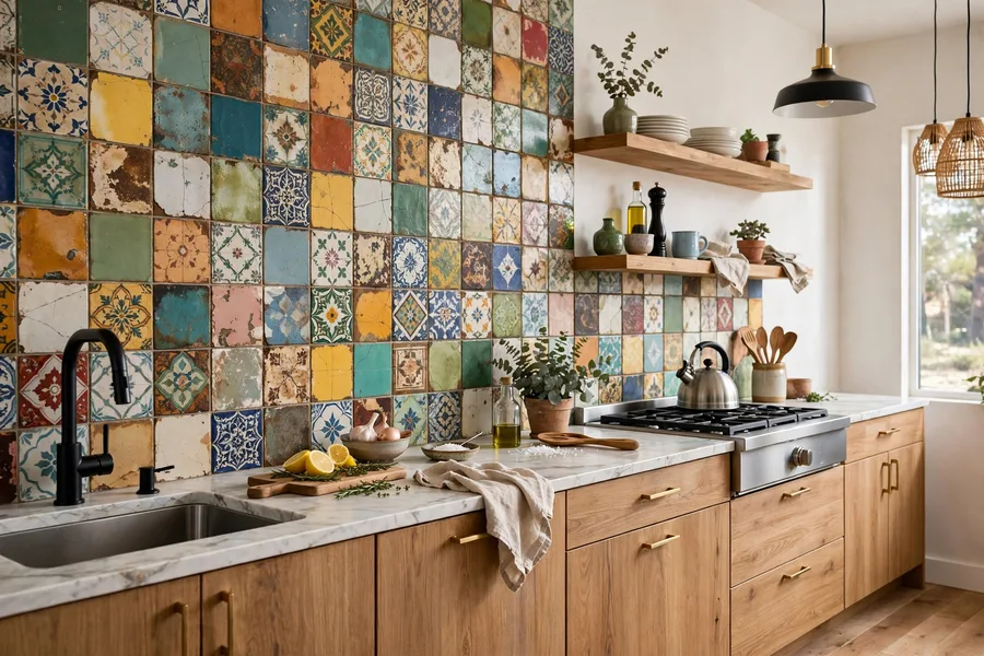 Vintage reclaimed tile backsplash — modern kitchen backsplash ideas
