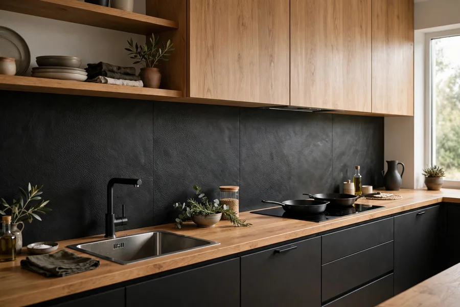 Leather-finish honed stone backsplash — modern kitchen backsplash ideas