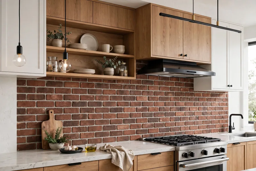 Brick-look porcelain tile backsplash — modern kitchen backsplash ideas