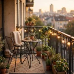 Small balcony ideas for apartments: small apartment balcony at golden hour with bistro set, plants and string lights