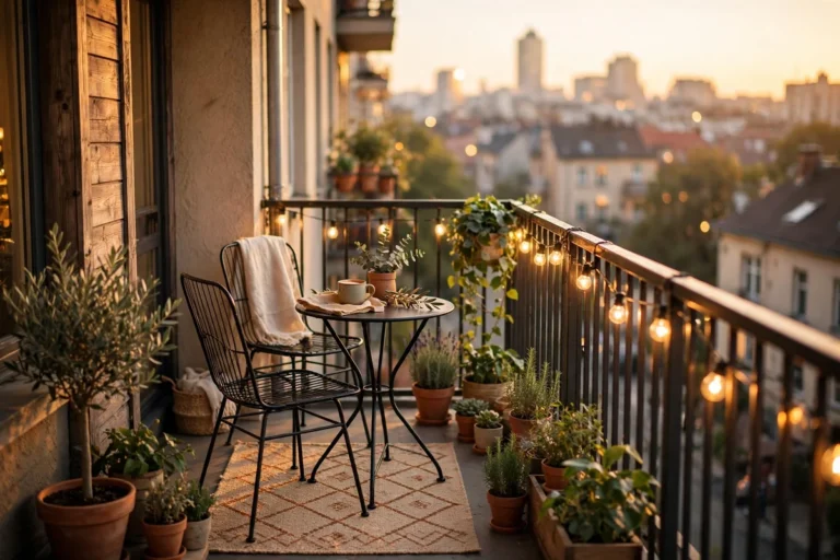 Small balcony ideas for apartments: small apartment balcony at golden hour with bistro set, plants and string lights