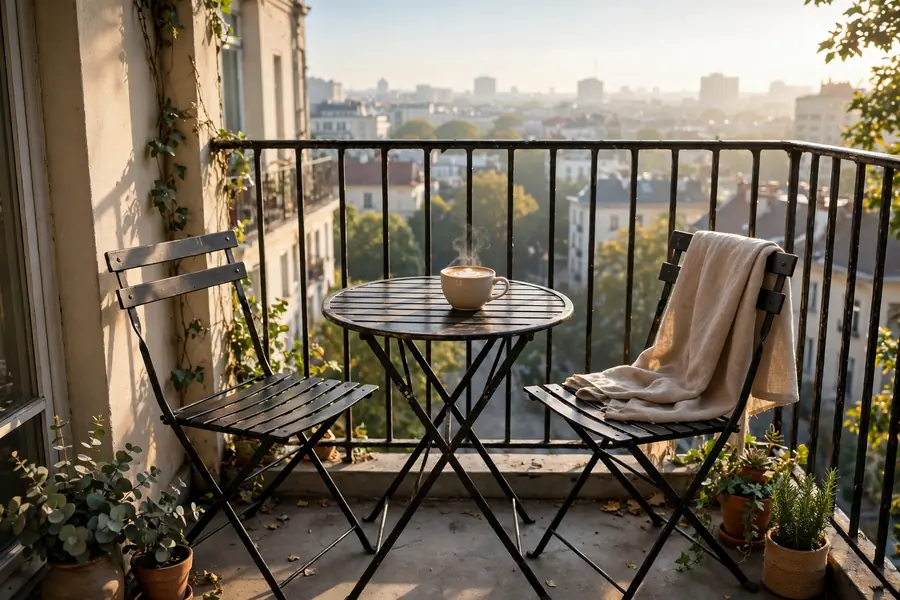 Two-chair bistro setup on a small apartment balcony
