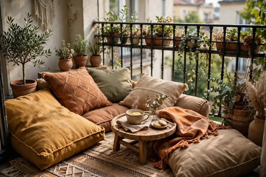 Floor cushion lounge on a small balcony