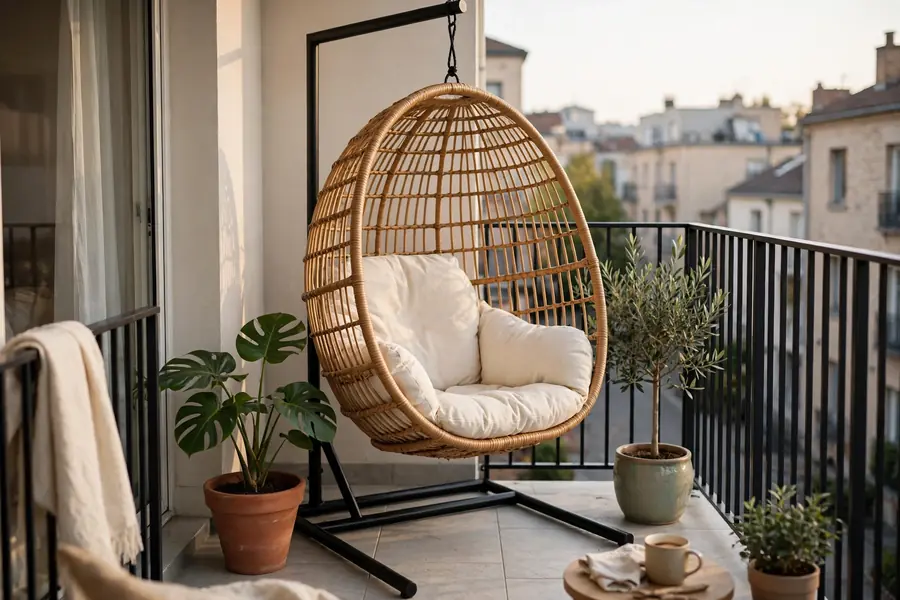 Hanging egg chair on a small apartment balcony