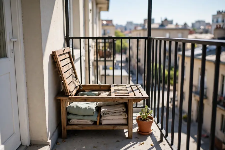 Narrow bench along a balcony railing