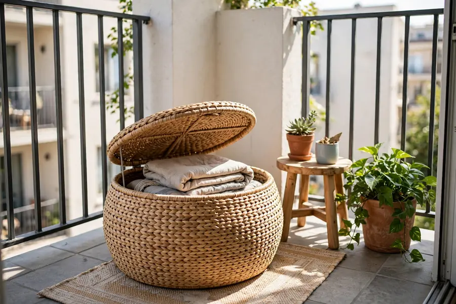 Storage ottoman on a small apartment balcony