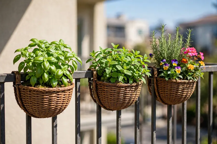 Railing planters with herbs and flowers on a balcony