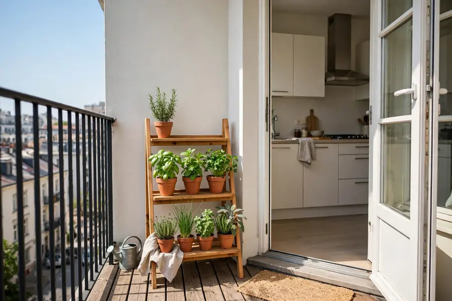 Herb garden by the kitchen door on a balcony