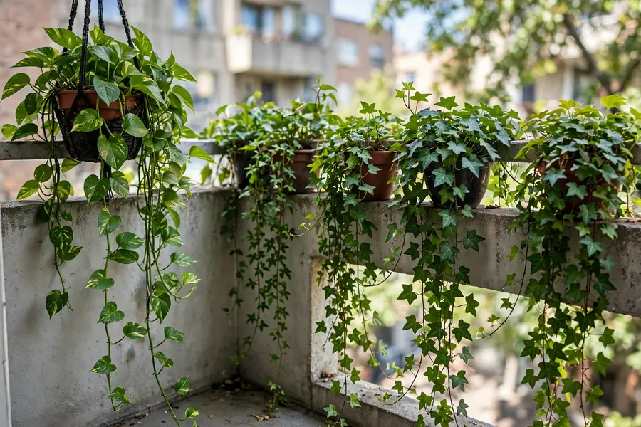 Trailing vines on a balcony railing