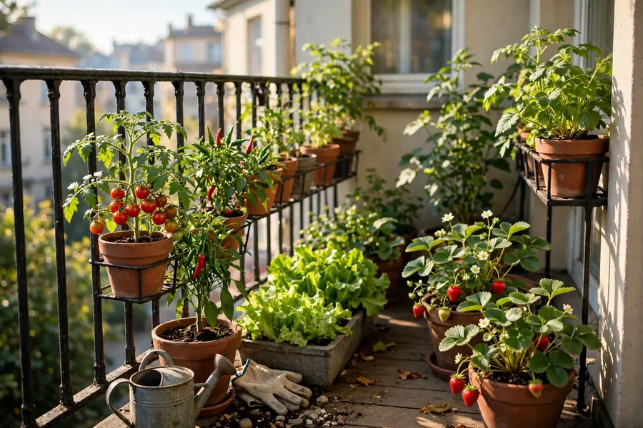 Mini vegetable patch in pots on a balcony