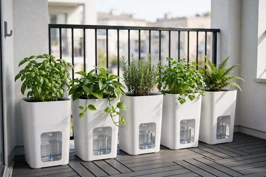 Self-watering pots on a small balcony