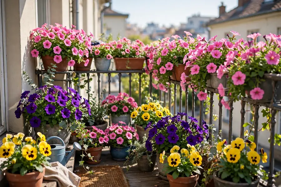 Seasonal flowers in pots on a small balcony