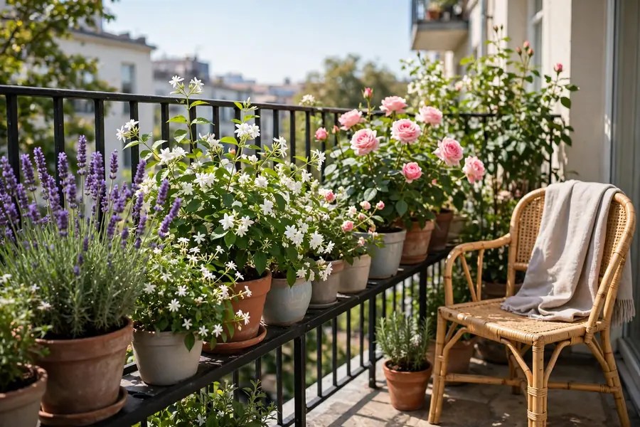 Scent and fragrance garden with lavender and jasmine on a balcony