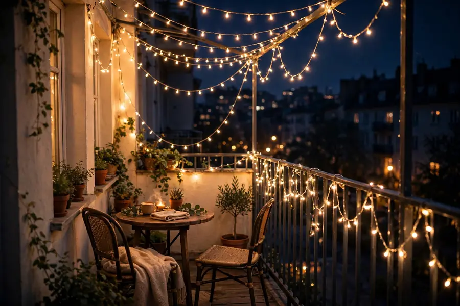 String lights on a small balcony at night