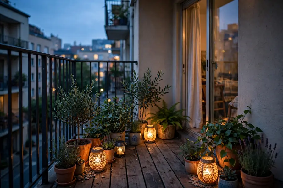 Solar lanterns on a balcony floor at night