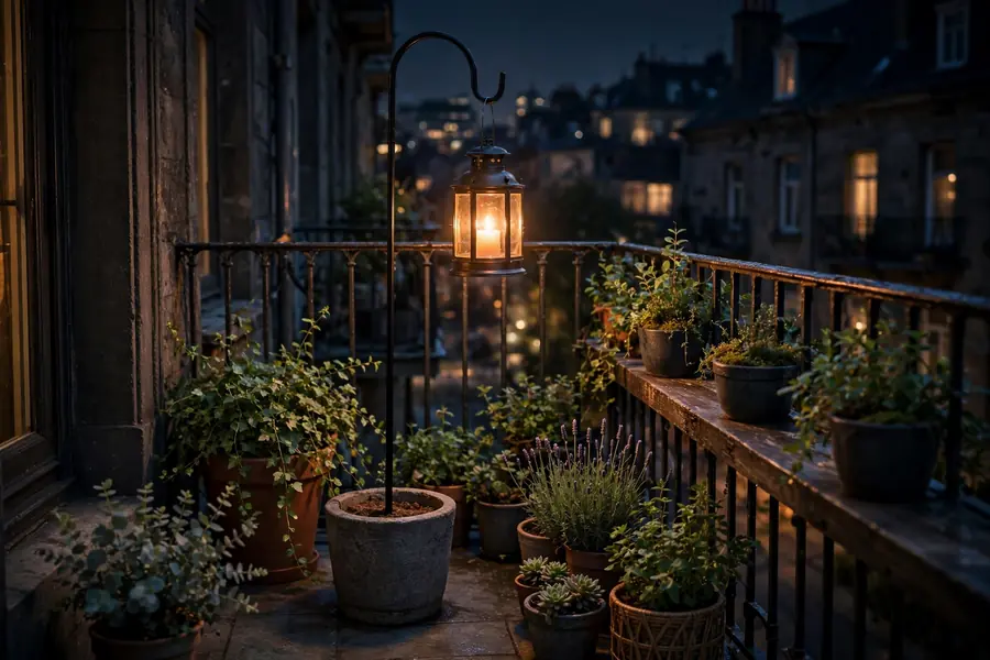 Lantern on a shepherd's hook on a balcony