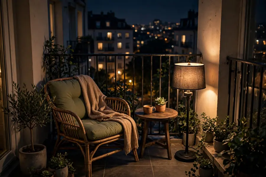 Outdoor lamp with color-changing smart bulb on a balcony