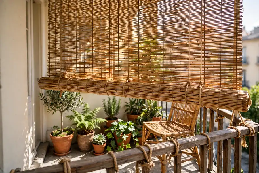 Bamboo privacy screen on a balcony railing