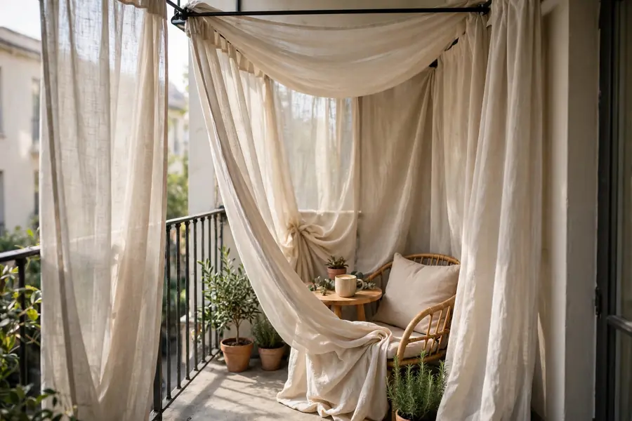 Outdoor curtains on a tension rod on a balcony
