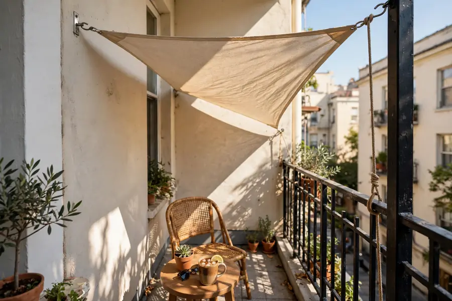 Shade sail over a small apartment balcony