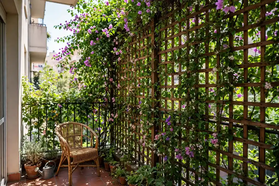 Trellis privacy wall with climbing plants on a balcony
