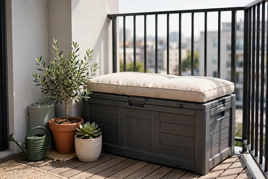 Deck box doubling as a seat on a balcony