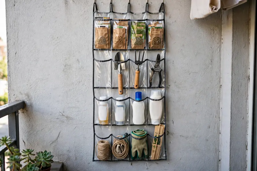 Hanging shoe organizer on a balcony wall