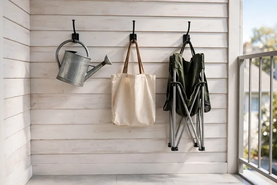 Wall-mounted hooks on a balcony wall