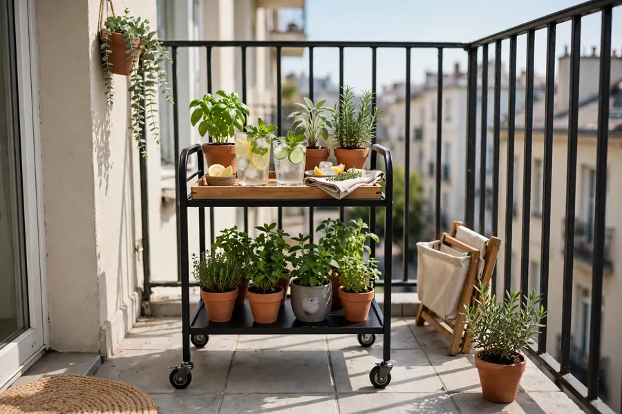 Slim rolling cart on a small balcony