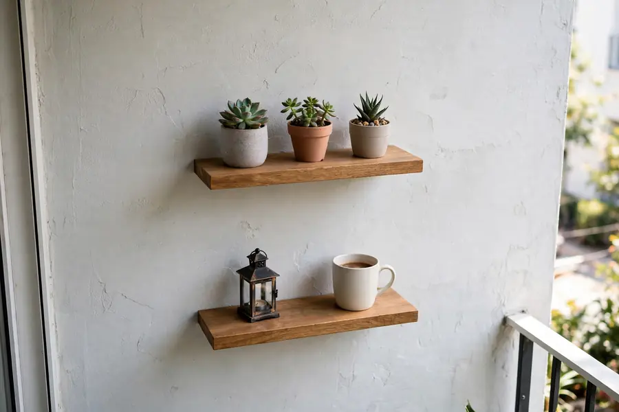 Floating shelves with plants and candles on a balcony wall