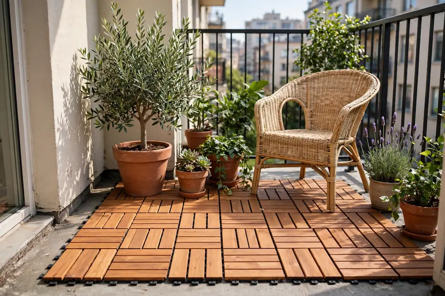 Interlocking deck tiles on a balcony floor