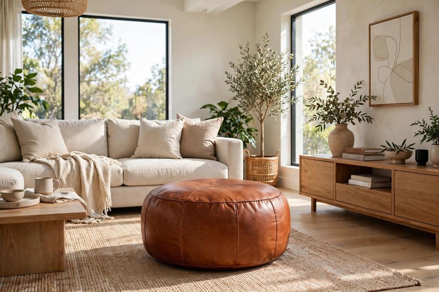 Round Leather Pouf