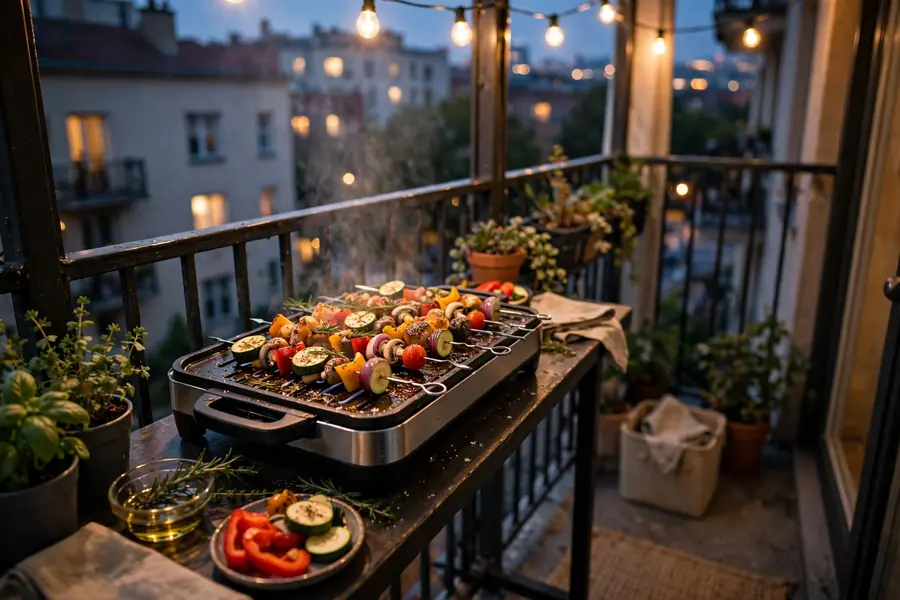 Compact electric grill on a balcony