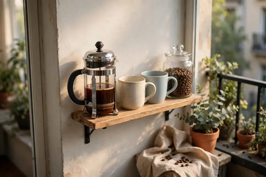 Coffee station on a tiny balcony shelf