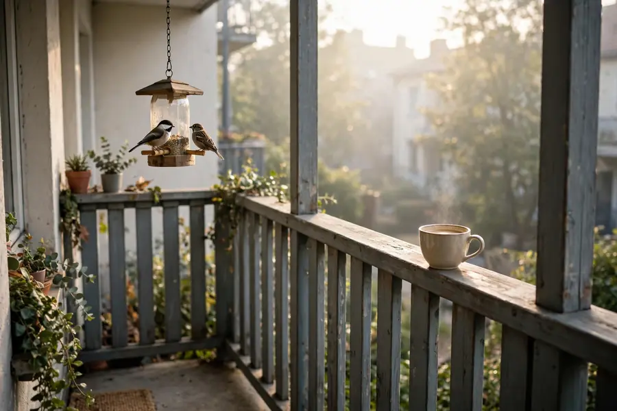 Bird feeder hanging on a small balcony