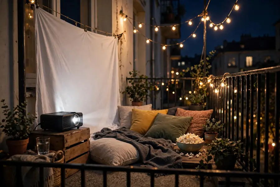 Mini outdoor movie night on a balcony