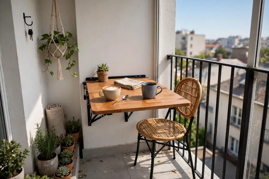 Fold-down wall table on a small balcony