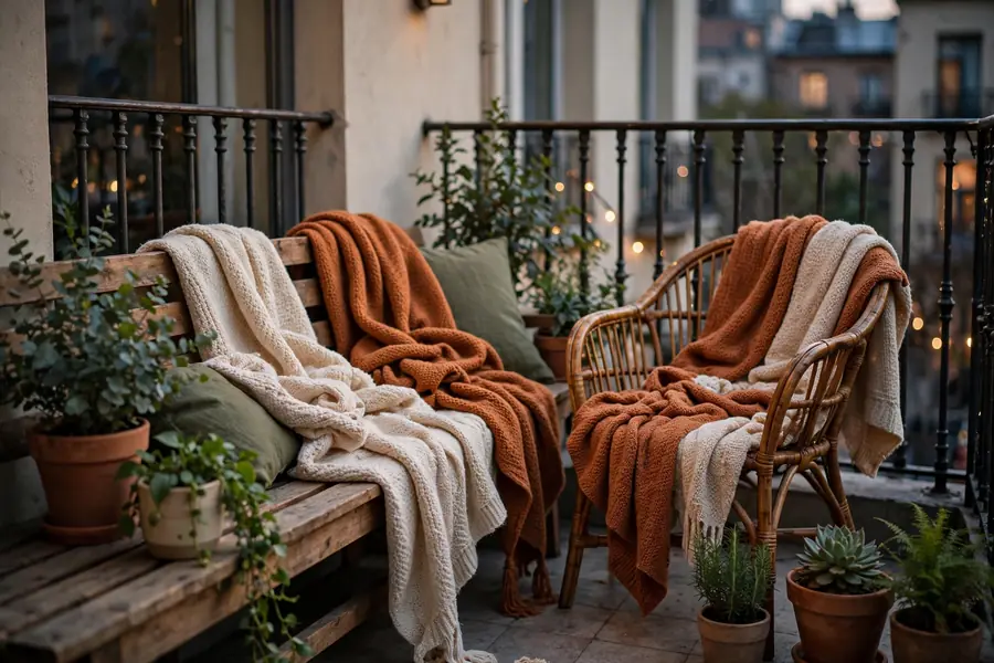 Throw blankets layered on balcony seating