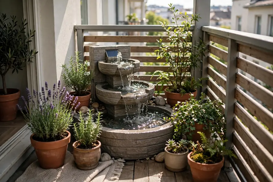 Solar water feature fountain on a small balcony