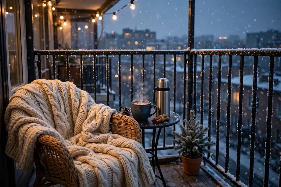 Winter balcony with blanket, hot drink and string lights